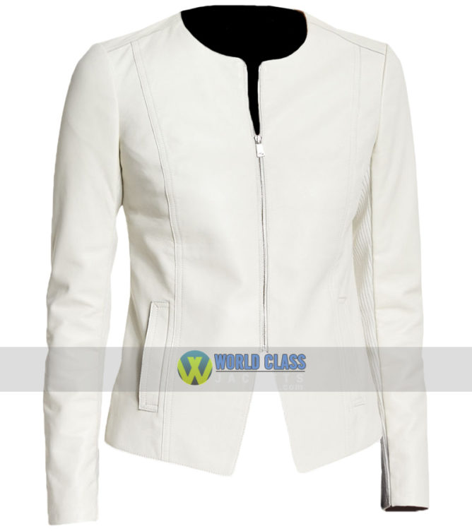 Women Stylish Casual Collarless White Leather Slim Fit Jacket