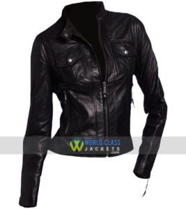 Women Vintage Style Faux Black Leather Biker Jacket