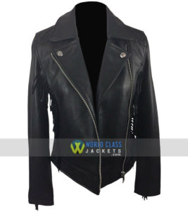 Womens Black Leather Fringe Biker Jacket