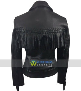 Womens Fringe Black Leather Biker Jacket