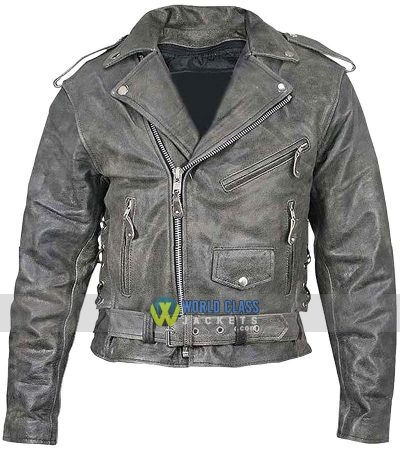 Men's Belted Biker Distressed Leather Jacket