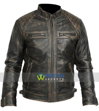 Mens Lambskin Leather Biker Style Casual Jacket Slim Fit Bowie Black Rub Off