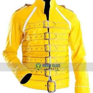 Mens Stylish Freddie Mercury Concert Strap Yellow Synthetic Leather Jacket