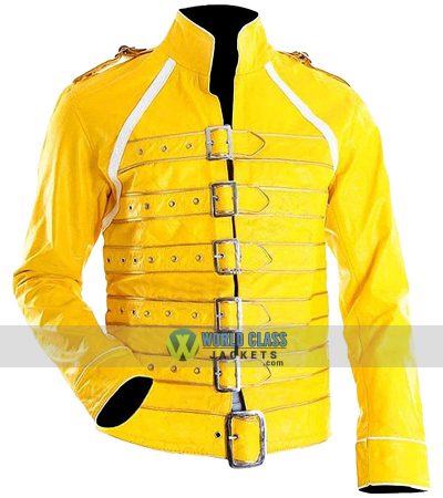 Mens Stylish Freddie Mercury Concert Strap Yellow Synthetic Leather Jacket Mens Stylish Freddie Mercury Concert Strap Yellow Synthetic Leather Jacket