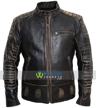 Mens Vintage Distressed Faded Seams Cafe Racer Genuine Leather Jacket
