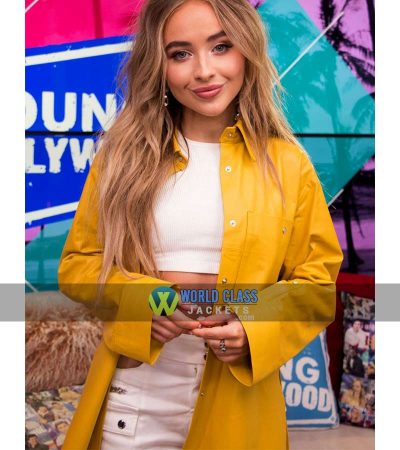 Buy Sabrina Carpenter Yellow Leather Winter Coat at $50 Off