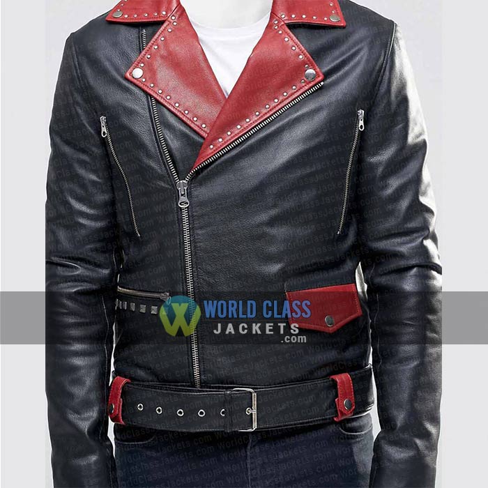 Mens Black And Red Lapel Collar Slim Fit Leather Jacket Sale