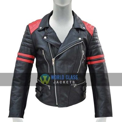 Mens Black Red Slim Fit Genuine Leather Biker Jacket Sale