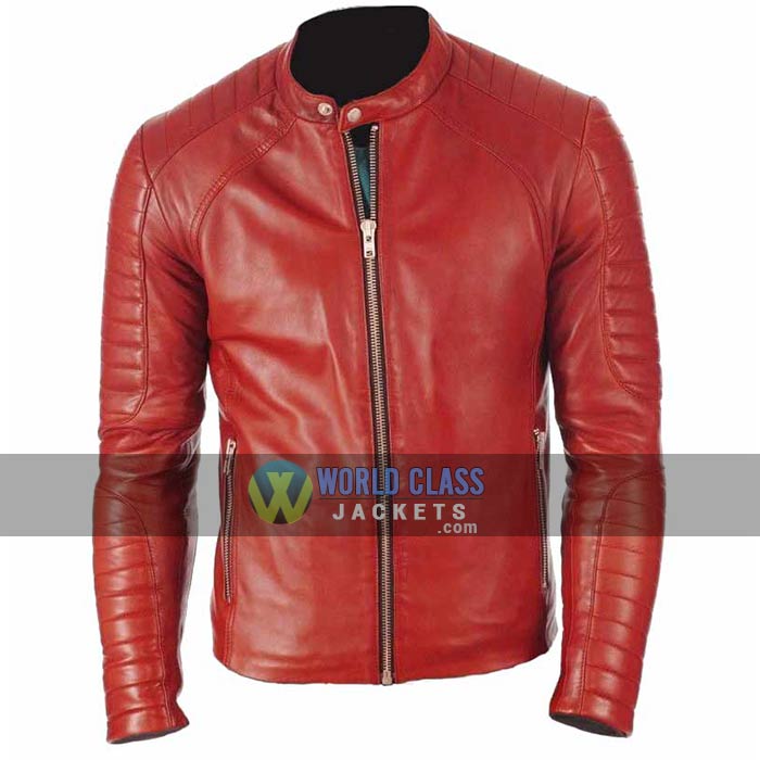 Mens Red Cafe Racer Slim Fit Leather Jacket On Off Price