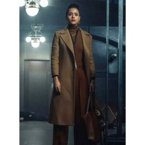 Shop Nathalie Emmanuel in Army of Thieves Brown Trench Coat