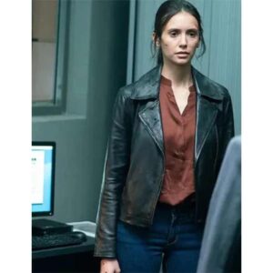 Buy Nina Dobrev as Kate Black Leather Jacket from The Bricklayer
