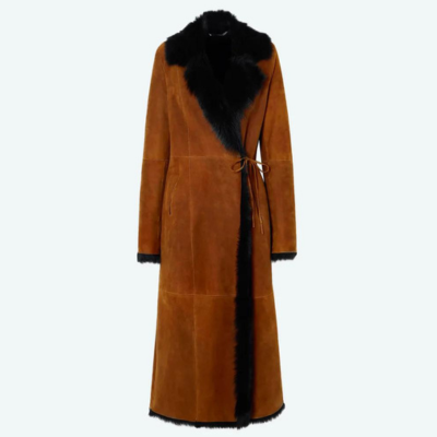 Get Emily Ratajkowski Suede Leather Shearling Coat for Women at discount