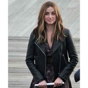 Get Ana de Armas Black Biker Leather Jacket from Ghosted 2023