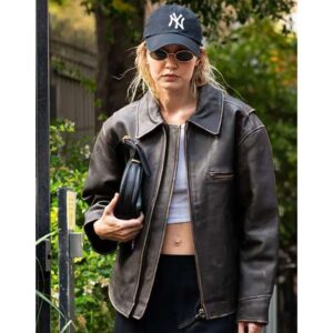 Get Gigi Hadid Dark Brown Leather Jacket