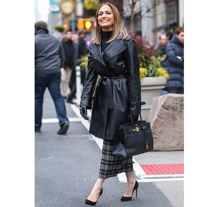 Get Jennifer Lopez Black Leather Long Coat from movie Second Act
