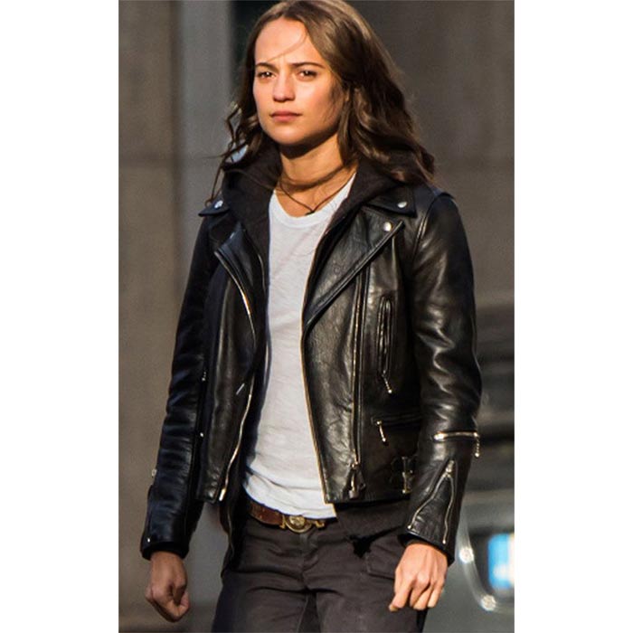 Get Alicia Vikander Black Biker Leather Jacket from movie Tomb Raider